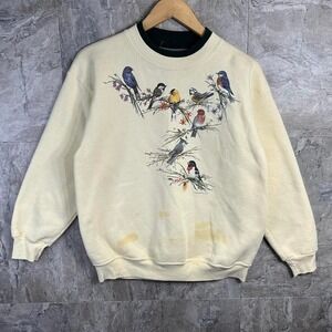 Vintage 90s cream black crewneck sweatshirt birds flowers double collar women L